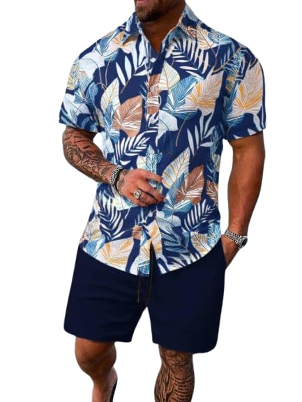 Image of Men's Printed Co-Ord Set | Plus Size Casual Shirt & Shorts Set | Nightwear Pajama Suit, Loungewear, Beachwear & Vacation Outfit Design No Shirt-Short Set10-Parent