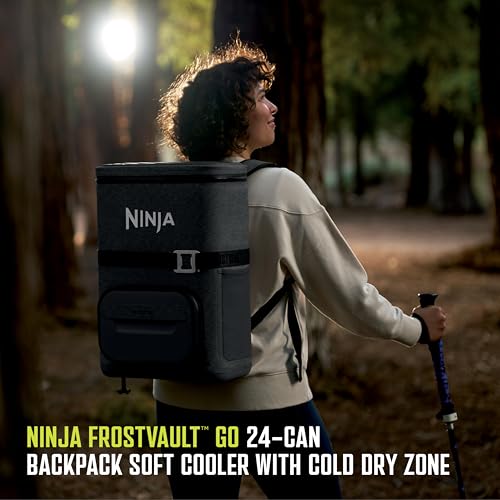 ninja  backpack cooler  frostvault go can soft cooler  leakproof zipper with built in can opener 2 ice packs amp dry storage drawer  for hiking camping amp more  2436 can