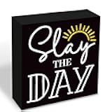 Funny Wood Sign, Country Style Table Shelf Decoration, Farmhouse Wall Decor, Funny Signs for Dorm, Teen Room, Positive Home Decor, Black Wooden Box Signs 5.1x5.1 inches, Slay the Day Sign