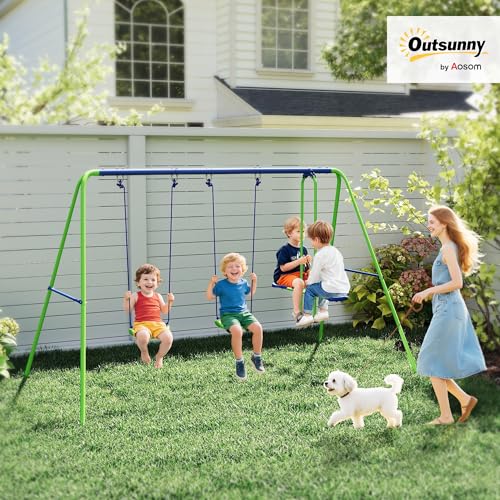 Outsunny Set Altalene Da Giardino Per 4 Bambini, 1 Altalena Doppia E 2 Altalene Singole, Capacità Di Peso 45Kg (Altalena) 180Kg (Totale), 280X140X178Cm - 2