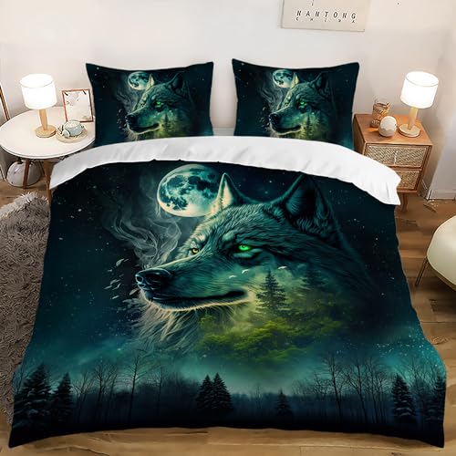 AILONEN 3D Moon Wolf Duvet Cover Set, Full Size, Starry Night Galaxy Comforter Cover, 1 Quilt Cover and 2 Pillowcases, 3PCS