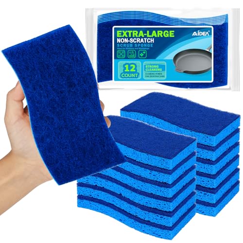 Image of AIDEA XL Scrub Sponges Non-Scratch 12Count, Extra Large Sponges Kitchen, Sponge for Dishes, Cleans Fast Without Scratching Safe for Non-Stick Cookware, Cleaning Power for Kitchen, House