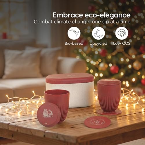 Image of Eha Earth-Friendly Christmas Gifts for Friends and Family | Secret Santa Gifts | Made with Rice Husk | Printed Christmas Mug and Coasters Set of 2, Keychain & Loopac Box | 360 ml | Coral