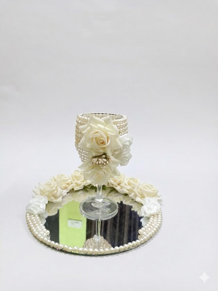 Round Nikkah Mirror with Doodh Pilai Glass Rasam Crafted for Bride and Groom Decorative Wedding Gift (White)-picture-23