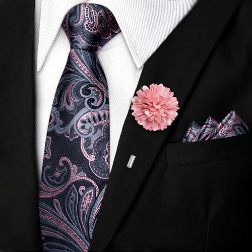 Image of DiBanGu Mens Zipper Tie Silk Pre-Tied Necktie with Gift Box | Jacquard Woven,Paisley Solid Plaid Pattern,6PCS with Pocket Square,Cufflinks and Lapel Pin,for Wedding Party Formal Business