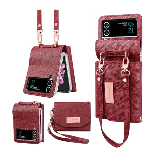 for Samsung Galaxy Z Flip 3 Wallet Case with Built-in Leather Cash Slot and Credit Card Holder. Wristlet Strap and Hinge Protection, Carrying Handbag Phone Case for Women Ladies.(Dark Red) D