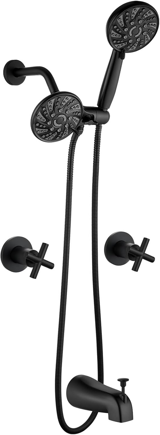 gotonovo 2 Handle Tub Shower Faucet Set Bathtub and Shower Faucet Combo Dual Shower Head and Handle Set Tub Shower Trim Kit Shower System with Tub Spout Wall Mount Matte Black