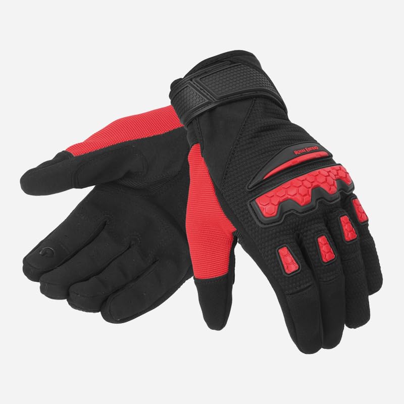 Image of Royal Enfield Urban Hustler V2 Riding Gloves 100% Polyester Air Mesh for Ventilation | TPR Knuckle Protectors | Microsuede Grip Patch | Poly Stretch Fabric for Better Flexibility RED XL 23CM
