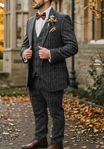 Men's Retro Tweed 3 Piece Suits Slim Fit Herringbone Wedding Set Blazer Jacket Vest Pants for Men4