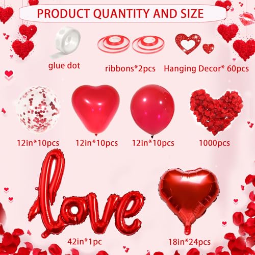 Image of Red Valentines Day Decorations with Red Heart Balloons and Love Balloon, Fake Rose Petals for Wedding Decor, Anniversary Decorations Romantic with red Latex Balloons and Heart Hanging Decor