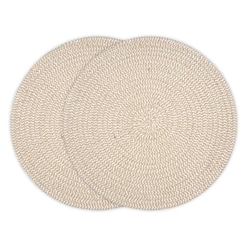 Image of Dining Table Mats Set of 2 | Cotton Table Mat 32 cm Diameter, Encasa XO Washable Round Table Mats, Heat Resistance Dining Table Placemats, Handmade Ribbed Style for Centre Table, Beige & Off White Mix
