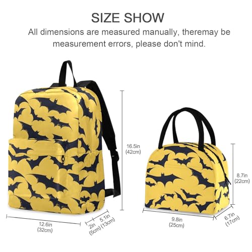 Backpack Lunch Bag Set Yellow Black Bat Halloween Print, Big Storage Travel Backpacks with Insulated Lunch Box for Office Hiking Picnic2