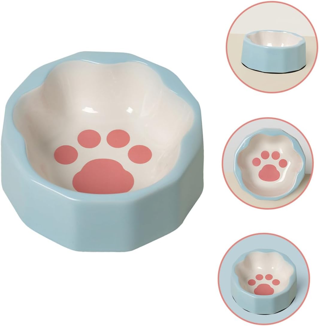 jojofuny Ceramic Pet Bowl with Cute Animal Paw Print, Slanted Small Dog and Cat Food Dish, Blue Tilted Water and Food Feeder for Pets