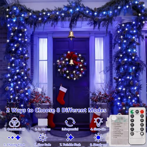 YEGUO Battery Operated String Lights, 2 Pack Each 33ft 100 LED Twinkle Fairy Lights Outdoor Waterproof, 8 Modes Clear Wire Blue and White Christmas Lights Indoor with Remote by YEGUO - Image 3