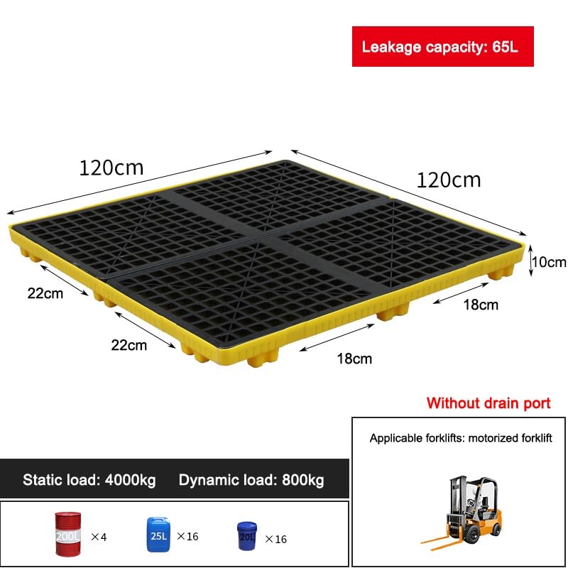 Pallet industriale impilabile per contenimento e fuoriuscite con scarico per garage giallo (2 pezzi, 120 x 120 x 10 cm)