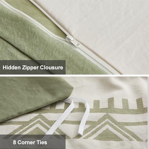 Image of Oli Anderson Boho Duvet Cover Set Twin Size, Beige and Sage Green Color Clash 2 Pieces Microfiber Bedding Set, Durable and Super Soft Duvet Covers with Zipper and Ties, 68 inch*90 inch