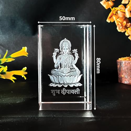 Image of GROB God Idol 3D Crystal Cube with LED Light Base in Festivals, Personalized Gift,Home Decoration, Showpiece for Home(Transparent 50 X 50 X 80 mm) (Laxmi)