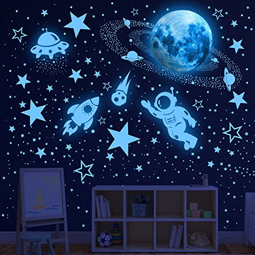 Glow in The Dark Stars and Planet Wall Stickers,Galaxy Astronaut Rocket Spacecraft Alien Decoration,Planet Wall Decals,Bright Solar System Wall Stickers for Kids lanets Spaceship Stars Blue - Image 4