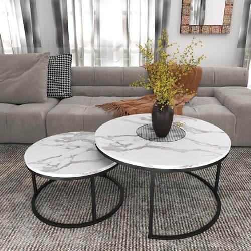 Image of 2-Piece Round Coffee Table Set | Marble Finish MDF Top with Golden Iron Frame | Modern Center & Side Table for Living Room, Bedroom & Small Spaces Black White