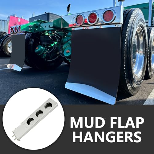 Image of Stainless Steel Mud Flap Hanger Set with Circle Light Cutouts 2-1 /2 inch Bolt Spacing 30 inch Length Rear Bar for Semi Trucks, 2.5 inch Bolt Spring Loaded with Aluminum Reflective Tapes