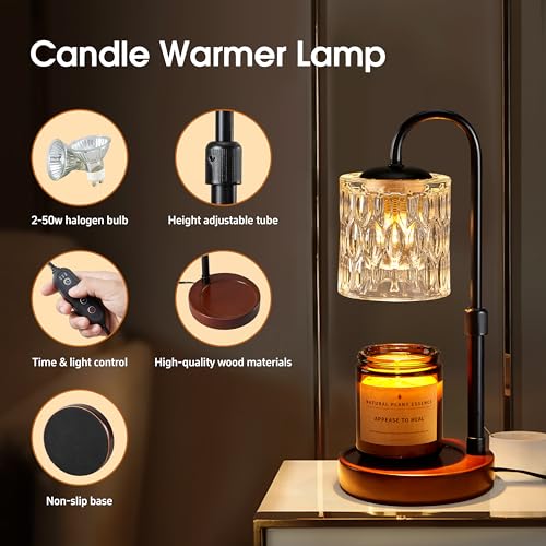 Briever Adjustable Dimmable Candle Warmer Lamp with Timer and Wooden Base for Jar Candles