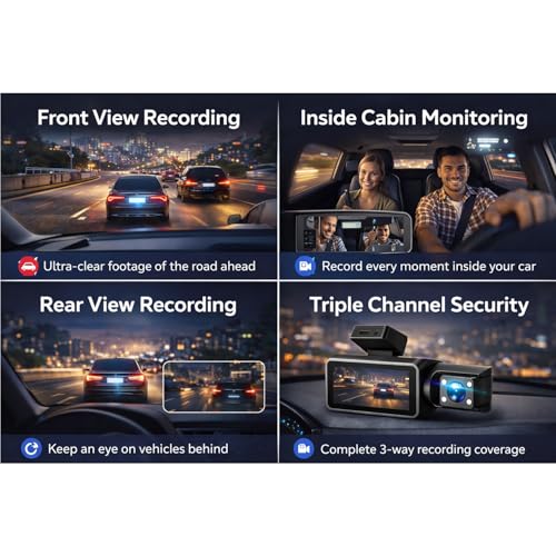 Image of Carhatke Triple Channel 1080P Dash Cam for Car | Front + Cabin + Rear Camera | Full HD Recording | Loop Recording | Night Vision | Wide Angle | G-Sensor | Easy Installation | 1 Year Warranty