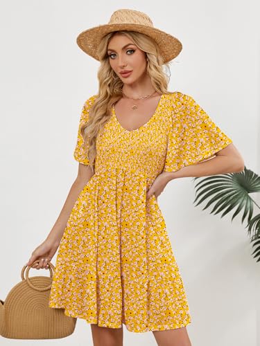 Image of UEAL Womens Cute Floral Smocked V Neck Flutter Sleeve Sundress with Pockets Casual Spring Summer Dresses for Women 2026