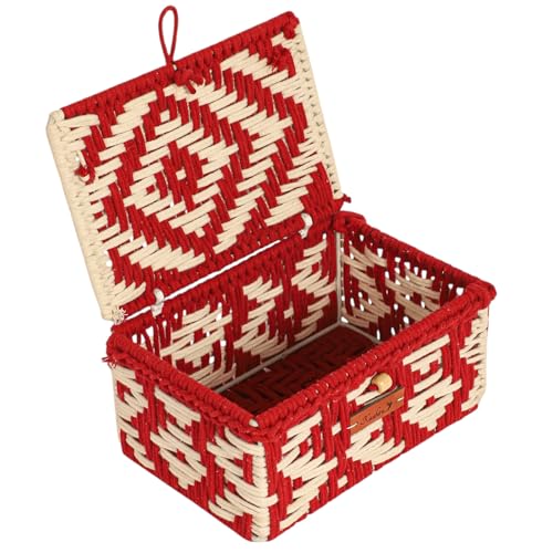 Image of Kaahira Handmade Decorative Storage Box and Organiser | Macrame Gift Hamper Box for Cosmetics, Toiletries & Return Gifts | Aesthetic Rope Woven Organizer (Red and White, Small - 9x6x4 inches)