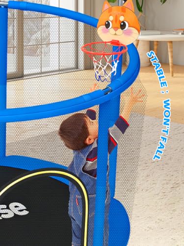 Image of BLUERISE 55IN 6FT Indoor /Outdoor Toddler Trampoline for Kids | Galvanized Steel Pipe,Multiple Activity Accessories,110lb,Safety Enclosure,Basketball Hoop,No-Gap Design,Anti-Rollover Bottom