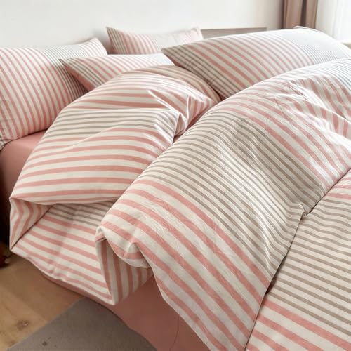 Bettwäsche 135x200 Baumwolle Rosa Grau Gestreift und Kissenbezug 80x80cm – Ansicht 1