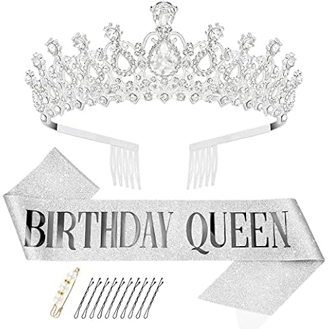 Makone Silver Birthday Tiara for Women Birthday Queen Sash & Rhinestone Tiara Set Rhinestone Tiaras with Combs Crystal Hair Accessories Glitter Sash for Women Bridal Wedding Prom Birthday Cover