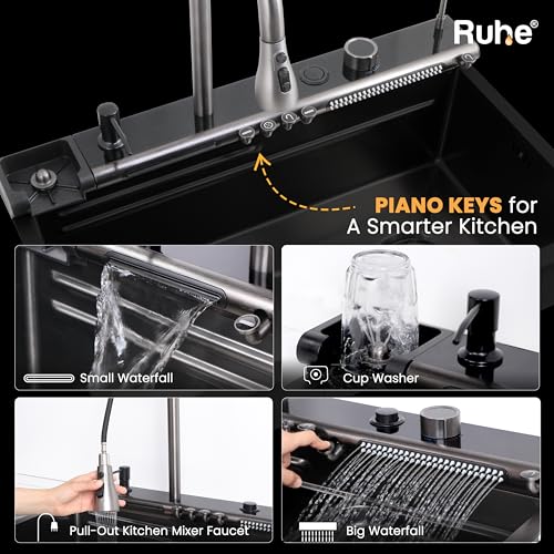Image of Ruhe Opera Black Smart Waterfall Kitchen Sink | 30x18x9 inches | Digital Display | Pull-Out & RO Faucet | Piano Key Controls | Automatic Cup Washer | 304-Grade Stainless Steel Kitchen Sink