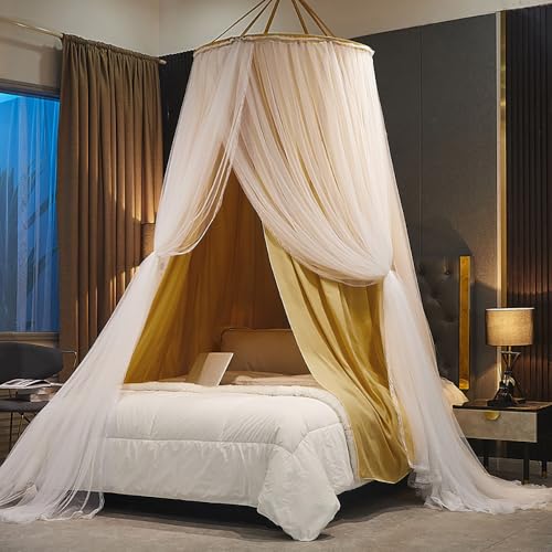 Vilemoon Bed Canopy for Girls & Adults, Round Dome Lace Princess Canopies Netting, Elegant Double Layer Bed Canopy Drapes for Decoration, Playing,Reading,Sleepping (Yellow)