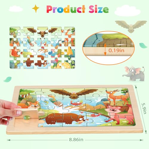 Image of Zeoddler Jumbo Wooden Puzzles for Toddlers, 4 Pack Animal Jigsaw Puzzles for Kids3-5, 20 Pieces Preschool Learning Activities, Learning & Educational Toys, Gift for Boys, Girls
