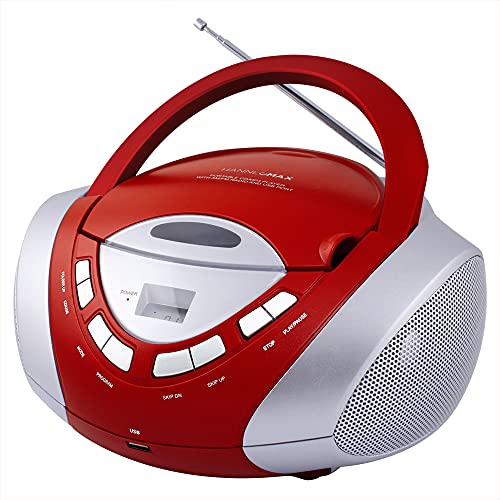HANNLOMAX HX-320CD CD/MP3 Boombox, AM/FM Radio, USB Port for MP3 Playback, Aux-in, LCD Display,AC/DC Dual Power Source (Red/Silver)