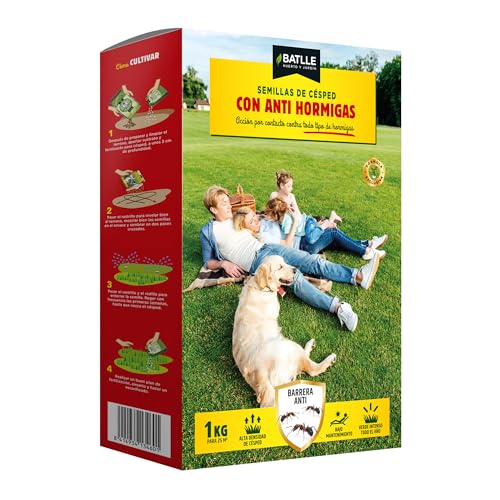 Semillas de Césped Anti-Hormigas BATLLE – Caja Dispensadora Troquelada 1 kg – Con Insecticida Natural para Hormigas, Arañas y Cucarachas – Césped Resistente a Lluvia y Humedad