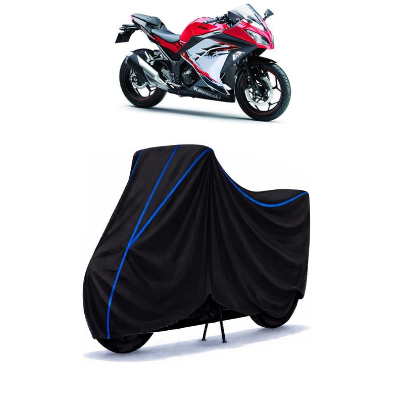 Image of Ninja 250R SE Bike Cover Water Resistant Universal Motorcycle Rain | Heavy Duty UV Protection, Dust, Scratch Indoor Outdoor All Weather with Black Blue Piping Elastic