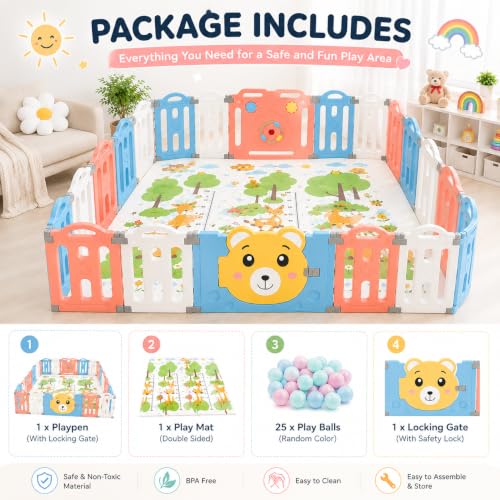 Image of 18 Panel Playpen for Babies up to 5 Year with Foldable Mat Big Size for Toddlers with Activity Panel Smart Folding & Portable Baby Play Fence for Kids Indoor with Gate (6x6 ft=36sqft)