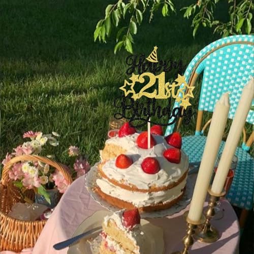 Image of Confetti! Glittering 21st Birthday Cake Topper with Star Hat - Cheers to 21 Years! Fabulous Cake Decorations for Adults 21st Birthday & Anniversary Party Supply