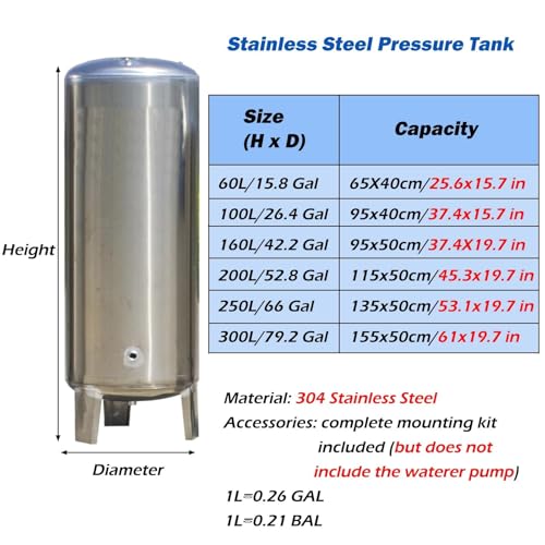 Vertical Stainless Steel Well Pressure Tank,15 26 42 52 66 79Gal Large Capacity Water Storage Pressure Tank, with Installation Kit,Emergency Water Storage for Home & Garden。(200L/52.8Gal(115x50cm))