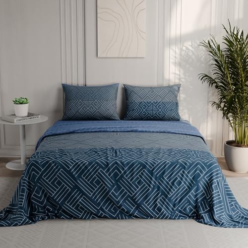 Image of BLISSHOME Everlast 150TC King Size Printed Bedsheet with 2 Pillow Covers for Double Bed, Aesthetic Bedding, Wrinkle Resistant, 100+ Wash Durable, Quick Dry, Geometric Pattern - Teal (228cm x 274cm)