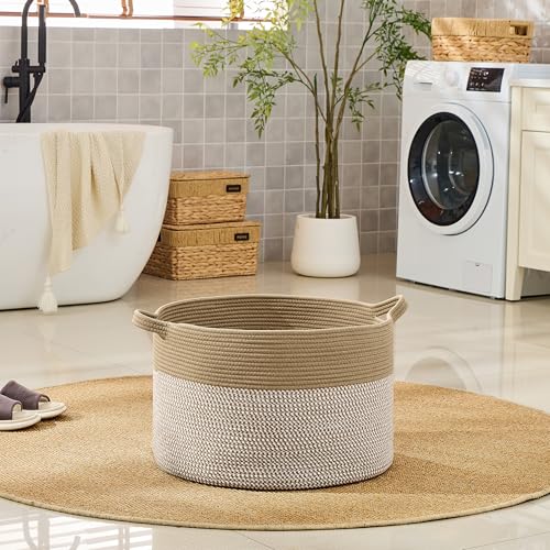 Image of KAKAMAY Cotton Rope Storage Basket (20 inchx13 inch),Woven Hamper for Blankets,Toys,Pillows,Clothes,Laundry,Sturdy Handles Decorative Basket for Living Room, Bedroom,Nursery(Brown /White)