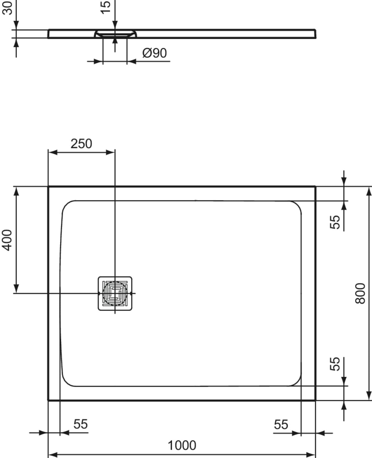 Ideal Standard - Ultra Flat S+, Plato de ducha rectangular ultrafino de resina efecto piedra, 100 x 80 cm, Ideal Solid, desagüe lado corto, arena