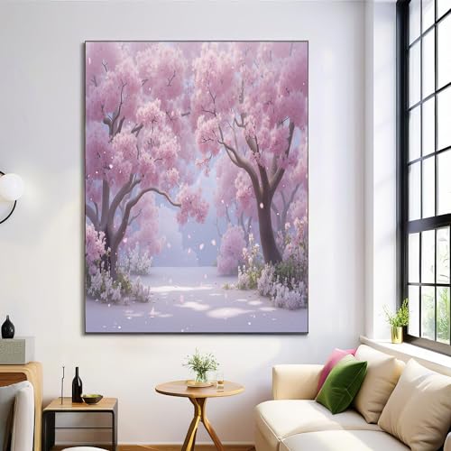 Cuadro sobre lienzo de cerezos en flor rosa, póster de paisaje decorativo de 60x90cm para salón