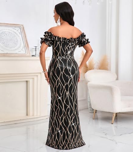Image of dasmzper Women Sexy Sequin Off Shoulder Ruffle Short Sleeve Bodycon Mermaid Party Formal Evening Maxi Dress