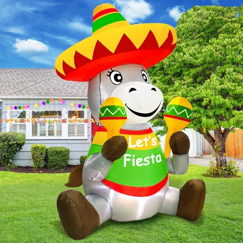TURNMEON 6 Ft Tall Cinco De Mayo Inflatable Decorations Outdoor Sitting Donkey with Taco Sombreros Fiesta Maracas LED Lights Blow Up Holiday Party Indoor Yard Garden Lawn May 5 Mexican Summer Decor