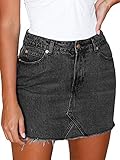 Just Quella Women's High Waisted Jean Skirt Fringed Slim Fit Denim Mini Skirt (S, Black Washed)