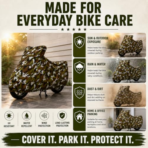 Image of Pivalo Heavy Duty Bike Body Cover for All Cruiser & Adventure Super Bike Above RE Size | 100% Waterproof, Dustproof & UV Protected | All Weather Protection Two Wheeler Motorcycle Cover (XXL, Military)