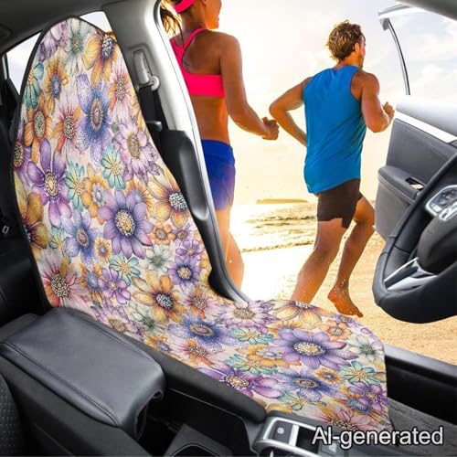 Image of Car Seat Cover Protector Front Seats Only Fit for Auto Truck Van SUV, Waterproof Aesthetic Flowers Print Seat Towel Cover for Gym, Pets, Outdoor Adventures