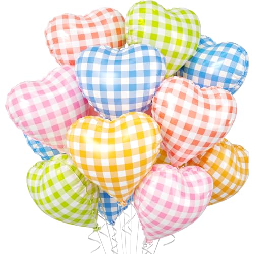 Image of Pastel Grid Heart Balloons, 10 Pcs Rainbow Checkered Heart Shape Balloon, 18 Inch Pink Yellow Blue Red Green Lattice Foil Balloons Helium for Kids Birthday Valentines Baby Shower Party Decorations